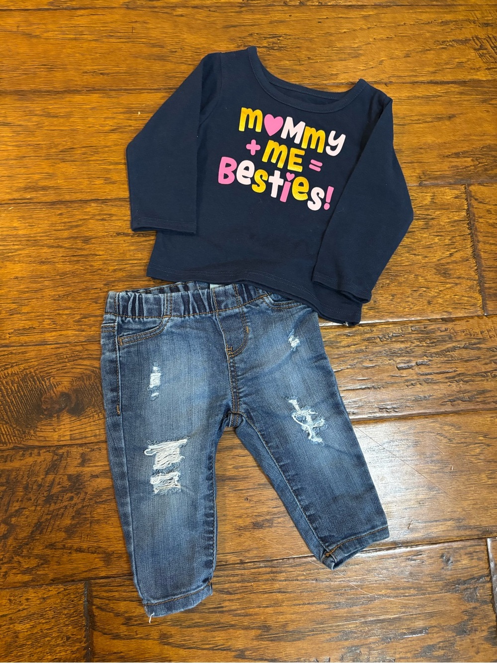 Multiples Navy Top with Colorful Lettering & Distressed Blue Jeans